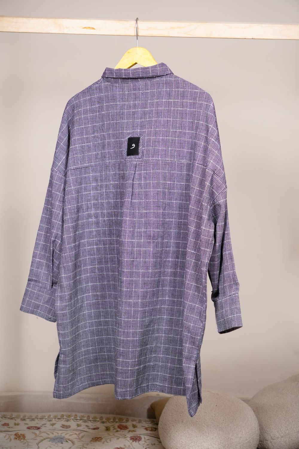 Lavender Windowpane Shirt — back on a hanger with the و yoke patch