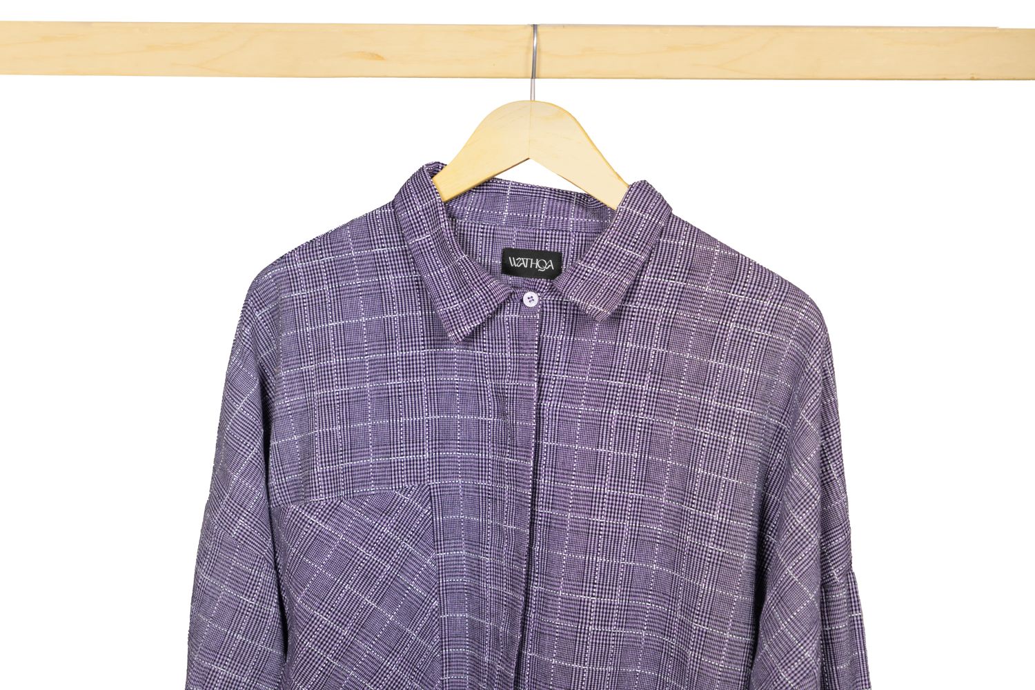 Lavender Windowpane Shirt — front on a hanger