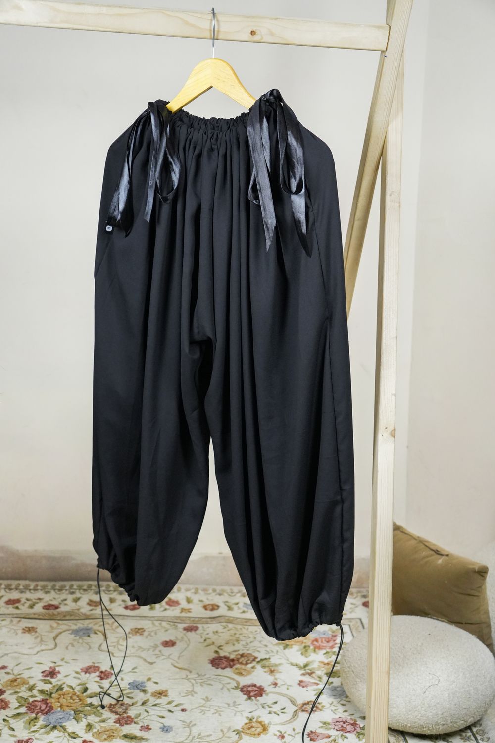 Balloon Trousers — ribbon ties and drawstring hem