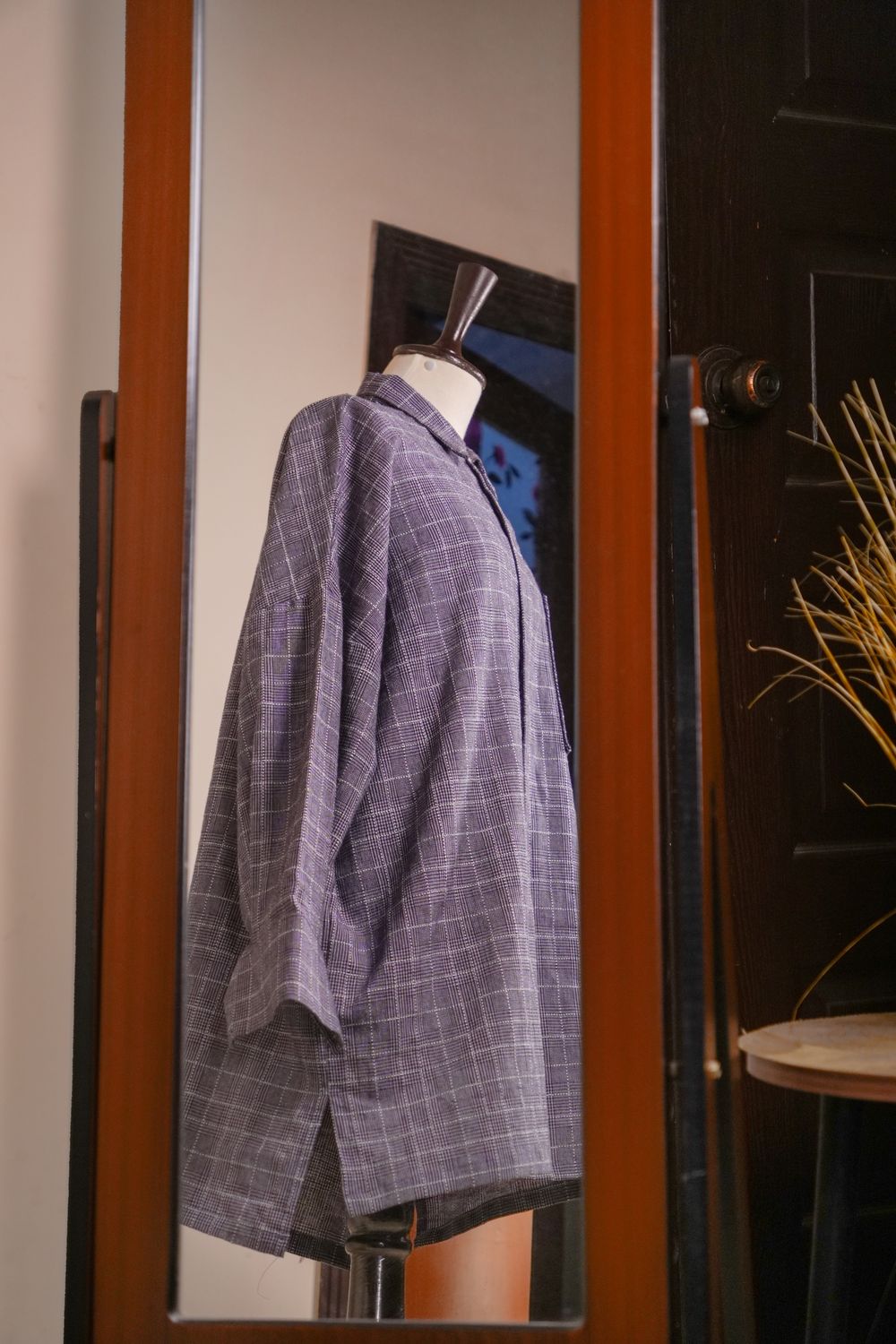 Lavender Windowpane Shirt — side view in the mirror