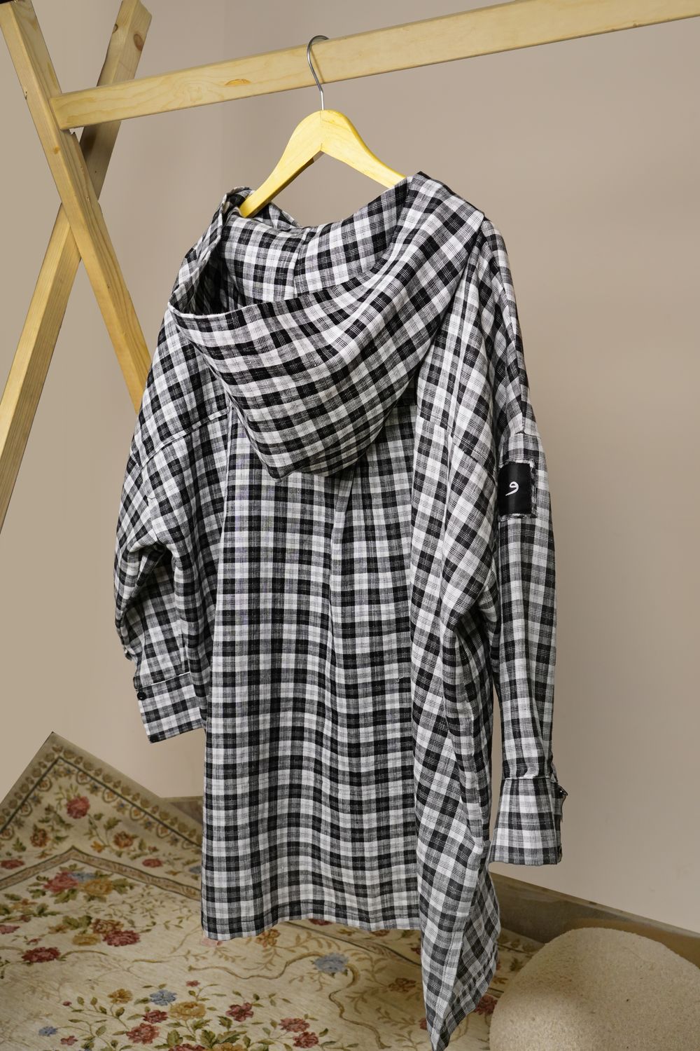 Hooded Check Shirt — back on a hanger with the hood
